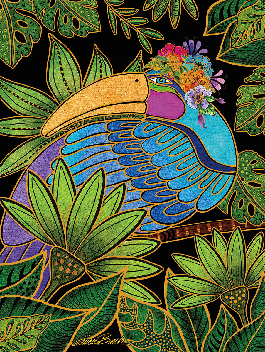 A vibrant, artistic illustration of a toucan wearing a colorful flower crown, surrounded by lush green tropical leaves on a black background.