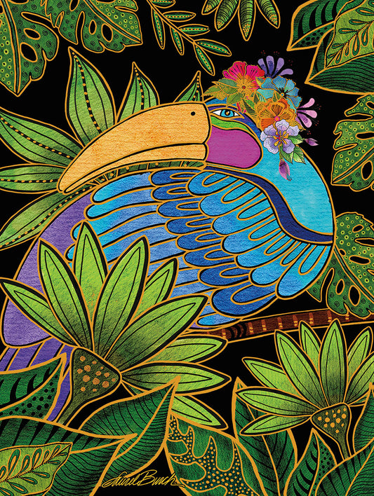 A vibrant, artistic illustration of a toucan wearing a colorful flower crown, surrounded by lush green tropical leaves on a black background.