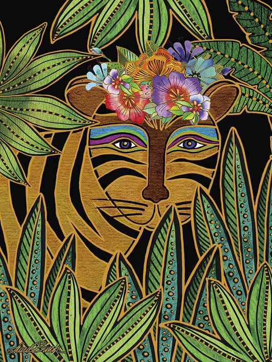 Close-up of a majestic tiger wearing a vibrant flower crown amidst lush tropical foliage. Front of whimsical friendship birthday card.