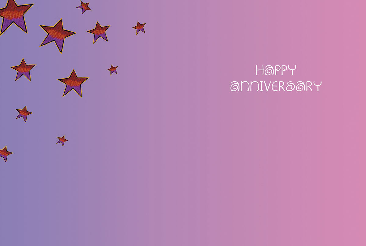 Inside of a romantic anniversary card featuring scattered stars on a gradient pink to purple background with 'Happy Anniversary' text.