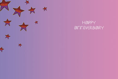 Inside of a romantic anniversary card featuring scattered stars on a gradient pink to purple background with 'Happy Anniversary' text.