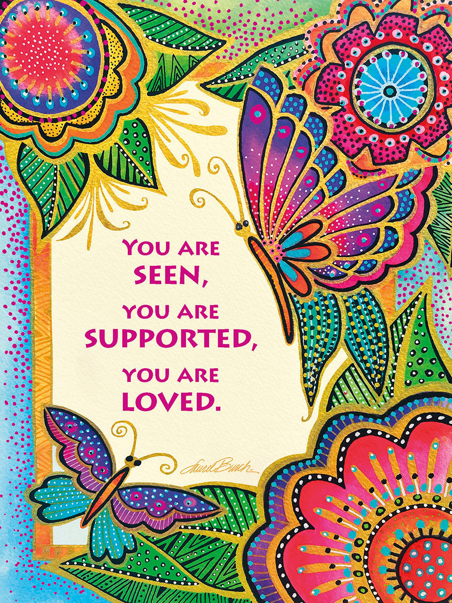 Vibrant greeting card front with two colorful butterflies, intricate gold-accented floral mandalas, and text 'YOU ARE SEEN, YOU ARE SUPPORTED, YOU ARE LOVED' for a heartfelt message.