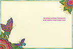 Inside of a supportive greeting card showing corner designs of colorful butterflies and floral patterns with text 'SENDING CARING THOUGHTS AND WARM HUGS YOUR WAY' on a cream background.