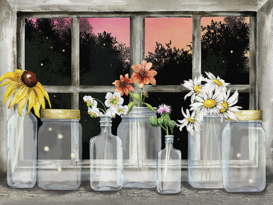 Greeting card front featuring a window sill with mason jars holding wildflowers and glowing fireflies against a sunset sky.