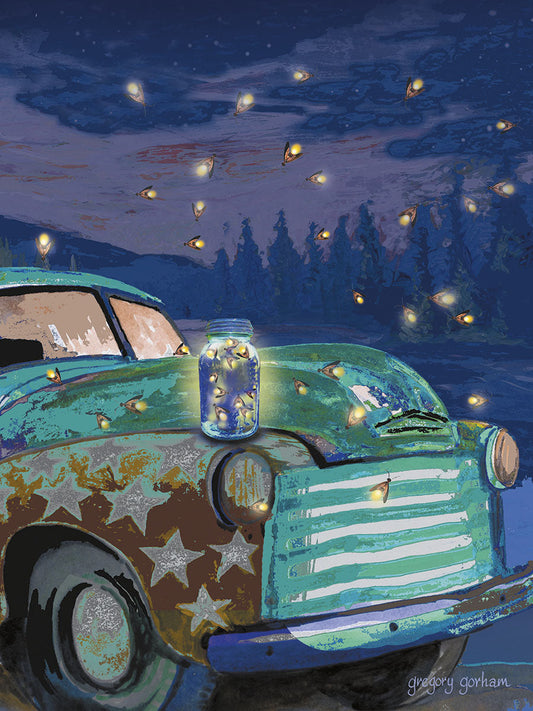 Magical fireflies glow around a teal vintage truck with a mason jar full of fireflies on its hood under a dark starry sky.