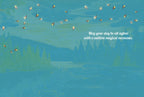 Inside of a friendship greeting card, showing a serene light blue-green background with scattered fireflies and the heartwarming message: 'May your day be all aglow with a million magical moments.'