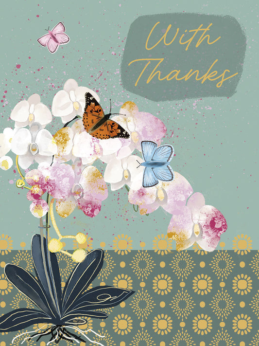 Front of a beautiful thank you card featuring white and pink orchids, colorful butterflies, and the text 'With Thanks'.