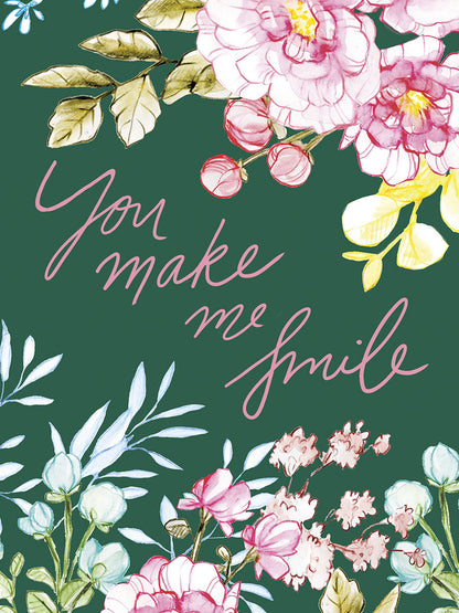 Front of a beautiful wife birthday card with 'You make me smile' in pink script, surrounded by elegant watercolor pink and white floral designs on a deep green background.
