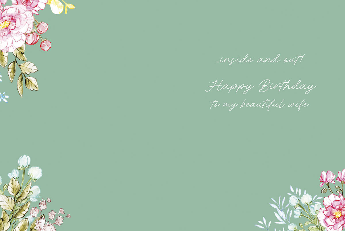 Inside of a wife's birthday card with a light green background, featuring '...inside and out! Happy Birthday to my beautiful wife' and subtle floral corner accents.