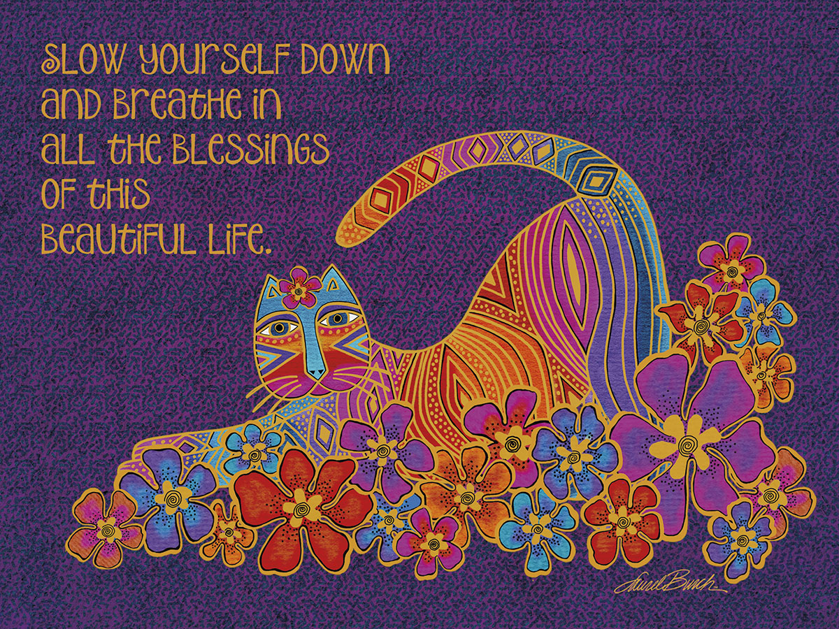 Vibrant bohemian-style cat art greeting card featuring a colorful feline surrounded by orange, purple, and blue flowers on a rich purple background with the inspiring message: 'Slow yourself down and breathe in all the blessings of this beautiful life.'.