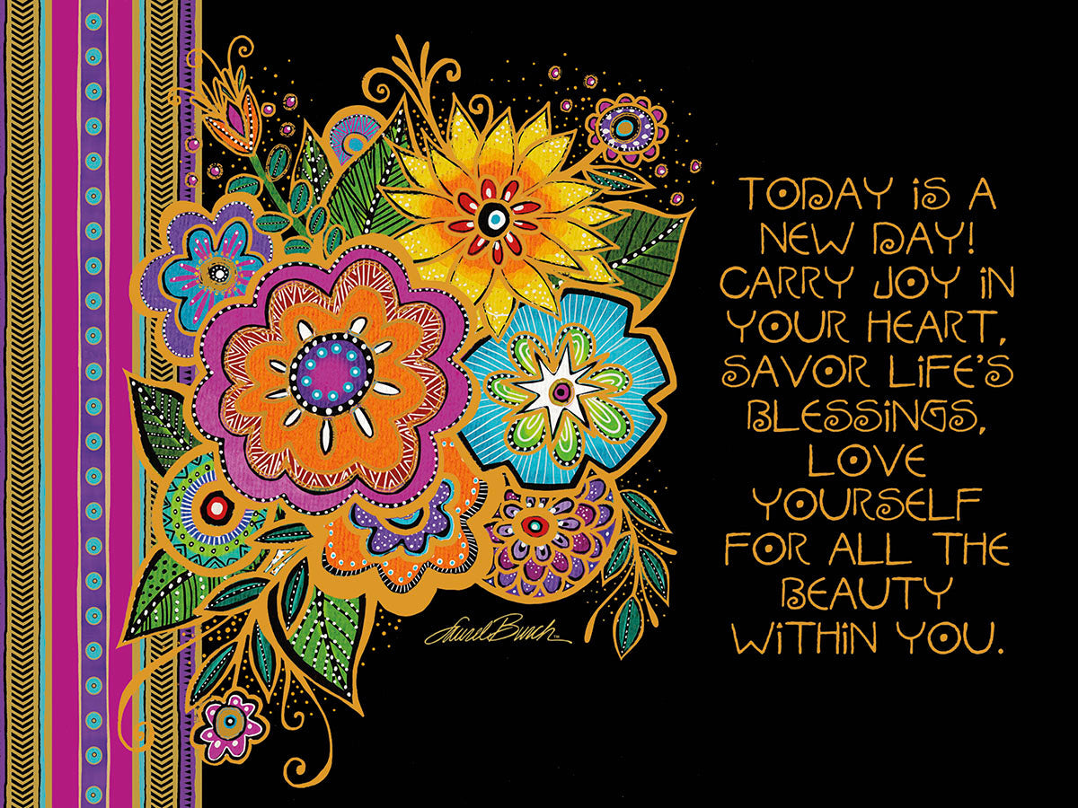 Vibrant folk art greeting card with bright yellow, orange, purple, and blue flowers against a black background and inspiring text.
