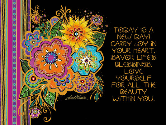 Vibrant folk art greeting card with bright yellow, orange, purple, and blue flowers against a black background and inspiring text.