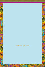 Open floral greeting card interior with light blue blank space for personalized message, bordered by colorful abstract flower patterns and 'THINKING OF YOU' text.