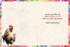 Inside of a humorous birthday card with a floral border, showing text: 'Another year older and SNAP, CRACKLE, POP takes on a whole new meaning. HAPPY BIRTHDAY' alongside a small rooster illustration.