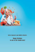 Inside view of a humorous birthday card for a friend, showing a vibrant blue background, a senior woman with cheese, and the witty text 'Full of character and slightly offensive. Happy Birthday to one of the Gouda ones!'.