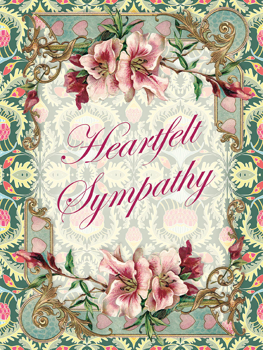 Elegant Victorian sympathy card with ornate gold frame, pink lilies, floral accents, and 'Heartfelt Sympathy' text.