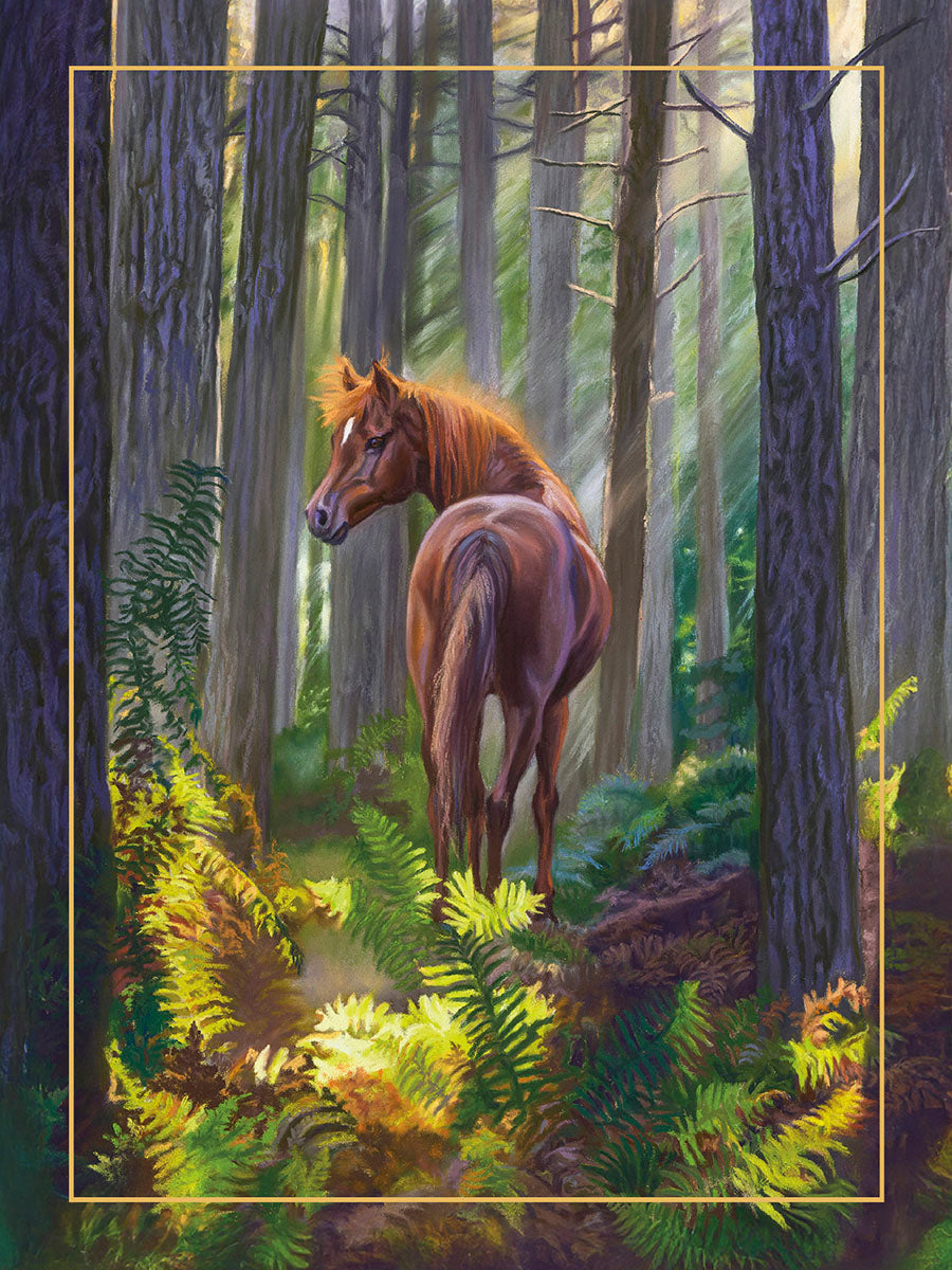 Brown horse looking back in a sun-dappled forest with tall trees and vibrant green ferns, framed by a golden border.