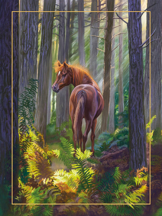 Brown horse looking back in a sun-dappled forest with tall trees and vibrant green ferns, framed by a golden border.
