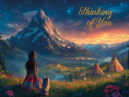 Greeting card front: young girl and dog watch a mountain camp under a starry sunset sky. Text: 'Thinking of You'.