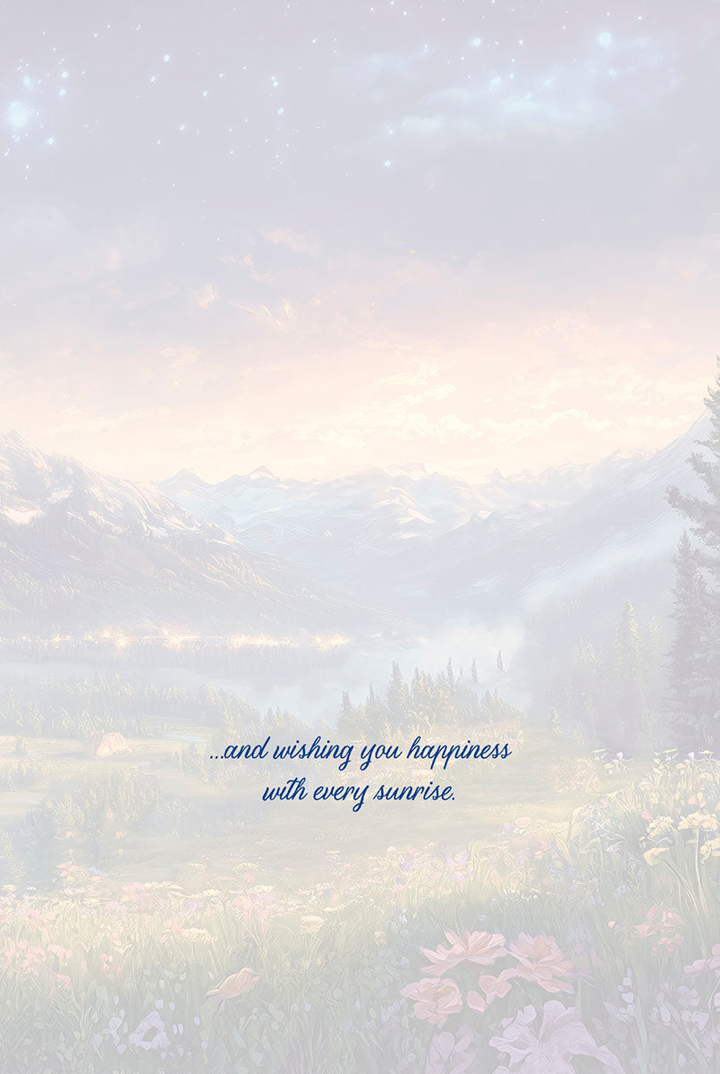 Inside of a greeting card displaying a serene mountain valley landscape with a soft, glowing sky and subtle flowers, text '...and wishing you happiness with every sunrise.'.