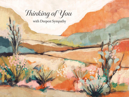 Front of sympathy card with abstract watercolor desert landscape and 'Thinking of You with Deepest Sympathy' text.