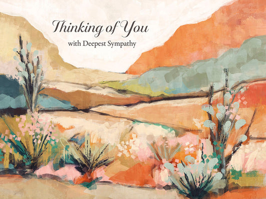 Front of sympathy card with abstract watercolor desert landscape and 'Thinking of You with Deepest Sympathy' text.