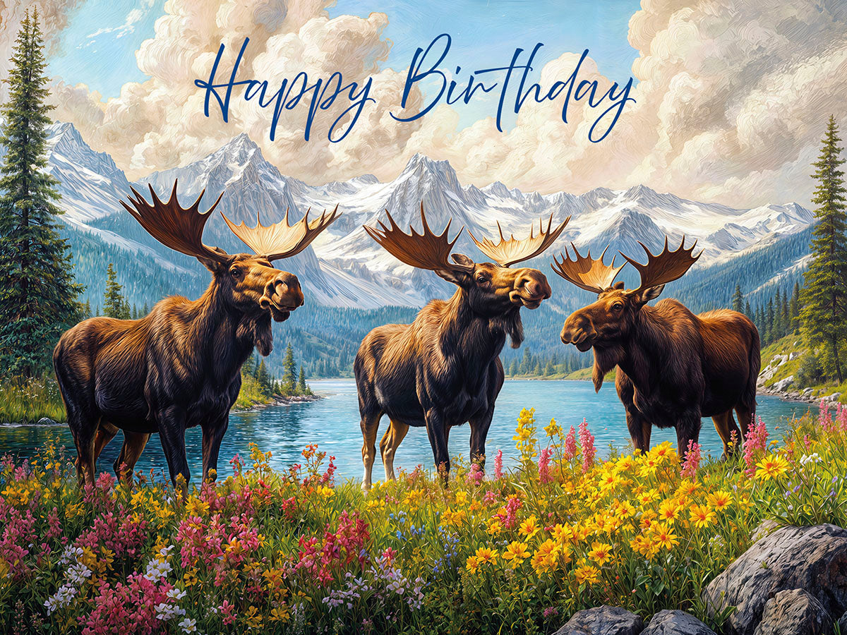 Three majestic moose with large antlers standing in a vibrant meadow of colorful wildflowers (pink, yellow, purple) next to a serene lake. Snow-capped mountains and evergreen forests are visible under a clear blue sky. The card reads 'Happy Birthday' in elegant blue script.