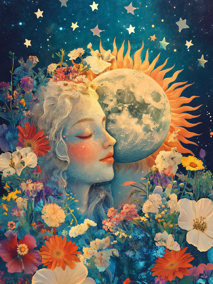 Mystical woman's face with closed eyes, surrounded by vibrant flowers, a full moon, and twinkling stars against a cosmic blue sky.