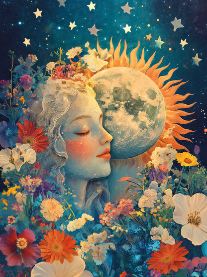 Mystical woman's face with closed eyes, surrounded by vibrant flowers, a full moon, and twinkling stars against a cosmic blue sky.
