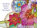 Vibrant watercolor floral greeting card front featuring pink, purple, and blue flowers with empowering message 'Celebrate Boldly. Dream Fearlessly.' for special occasions.