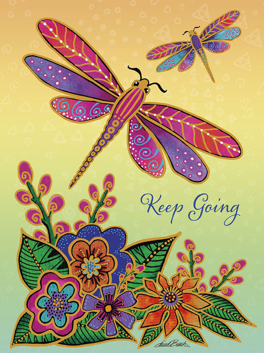 Two vibrant, stylized dragonflies with ornate wings flying above a colorful patch of bohemian flowers on a yellow-green gradient background with 'Keep Going' text.