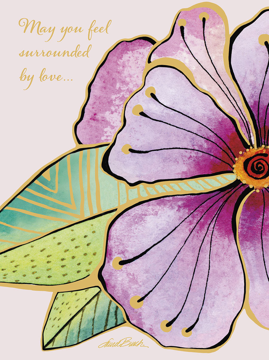 Pink watercolor flower with green leaves and gold accents on a sympathy card, with the message 'May you feel surrounded by love...'