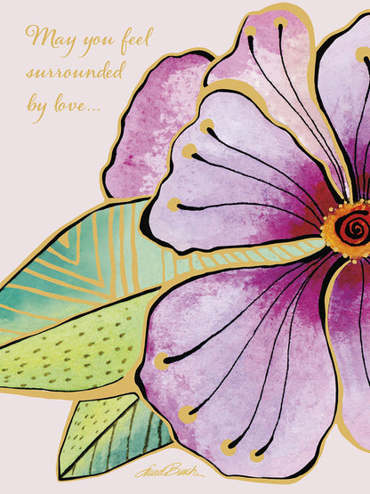 Pink watercolor flower with green leaves and gold accents on a sympathy card, with the message 'May you feel surrounded by love...'