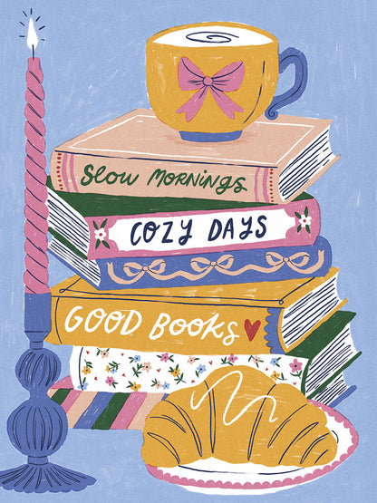 Illustration of a serene stack of books, a yellow teacup with a pink bow, a pink candle, and a croissant, on a pastel blue background.