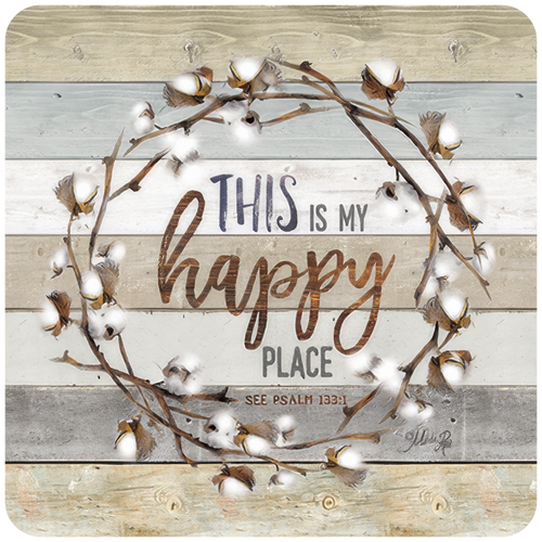 Rustic wooden coaster with a white cotton wreath design, featuring the inspiring quote 'THIS IS MY happy PLACE' and 'SEE PSALM 133:1' in distressed farmhouse style lettering. Ideal for religious home decor and protecting surfaces.