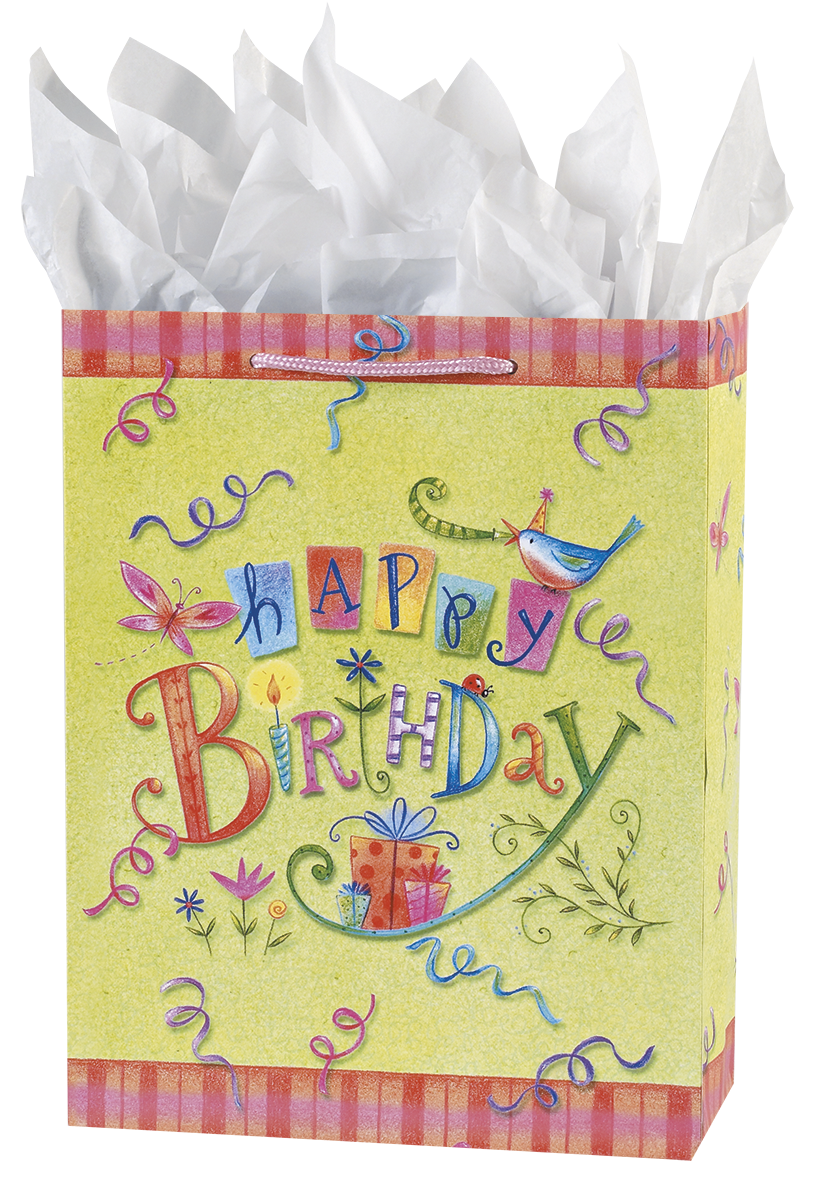 Vibrant yellow-green 'Happy Birthday' gift bag with colorful lettering, a bird in a party hat, butterfly, ladybug, and presents, filled with white tissue paper.
