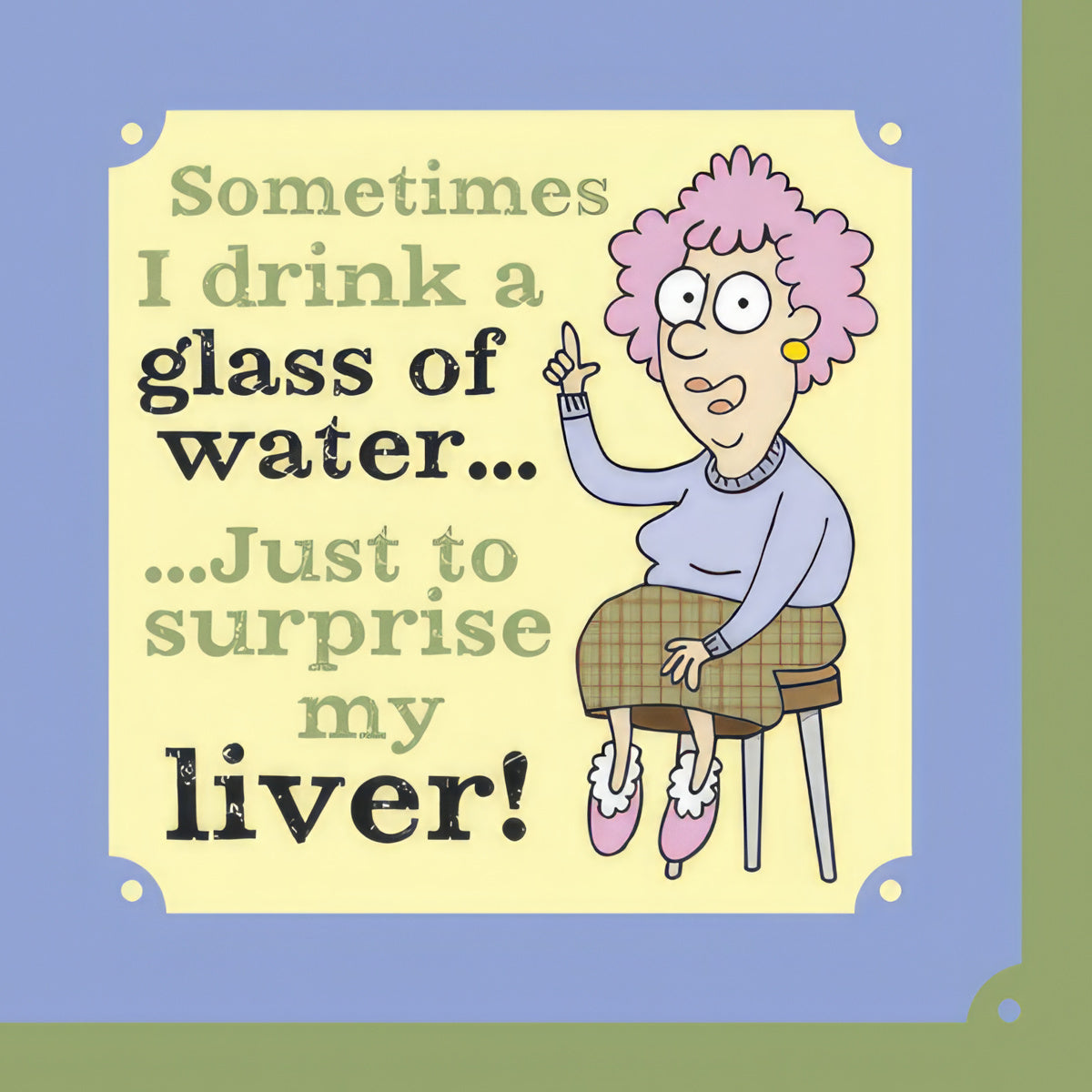 Funny cocktail napkin featuring a cartoon woman with pink hair pointing up, smiling, next to the text 'Sometimes I drink a glass of water... Just to surprise my liver!' Perfect for parties and humorous gatherings.