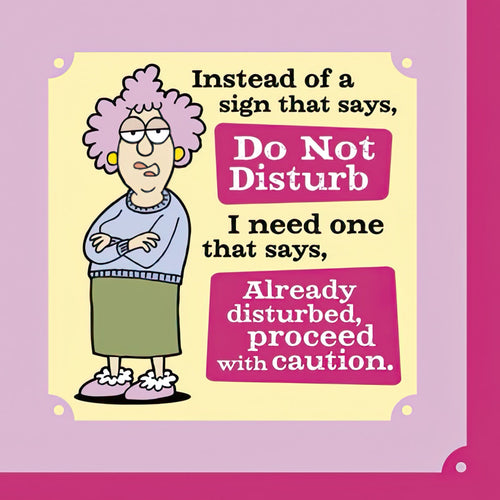 Funny sassy cocktail napkin featuring a cartoon woman with purple hair, arms crossed, and text 'Already disturbed, proceed with caution.' Perfect for humorous party decor or a sarcastic gift.