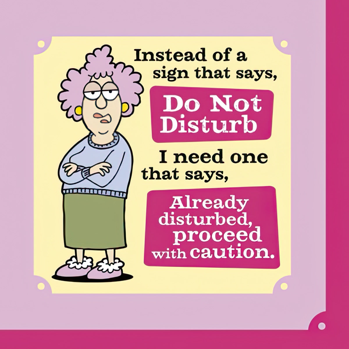Funny cocktail napkin featuring a cartoon of a grumpy woman with purple hair and glasses, arms crossed, next to text reading 'Already disturbed, proceed with caution.' Humorous table decor for parties, gatherings, and everyday laughs.