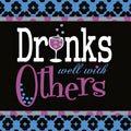 Black cocktail napkin with 'Drinks well with Others' in white and purple text, featuring a purple polka-dotted martini glass. The design includes blue and black quatrefoil patterns with pink polka dot accents, perfect for party decor.