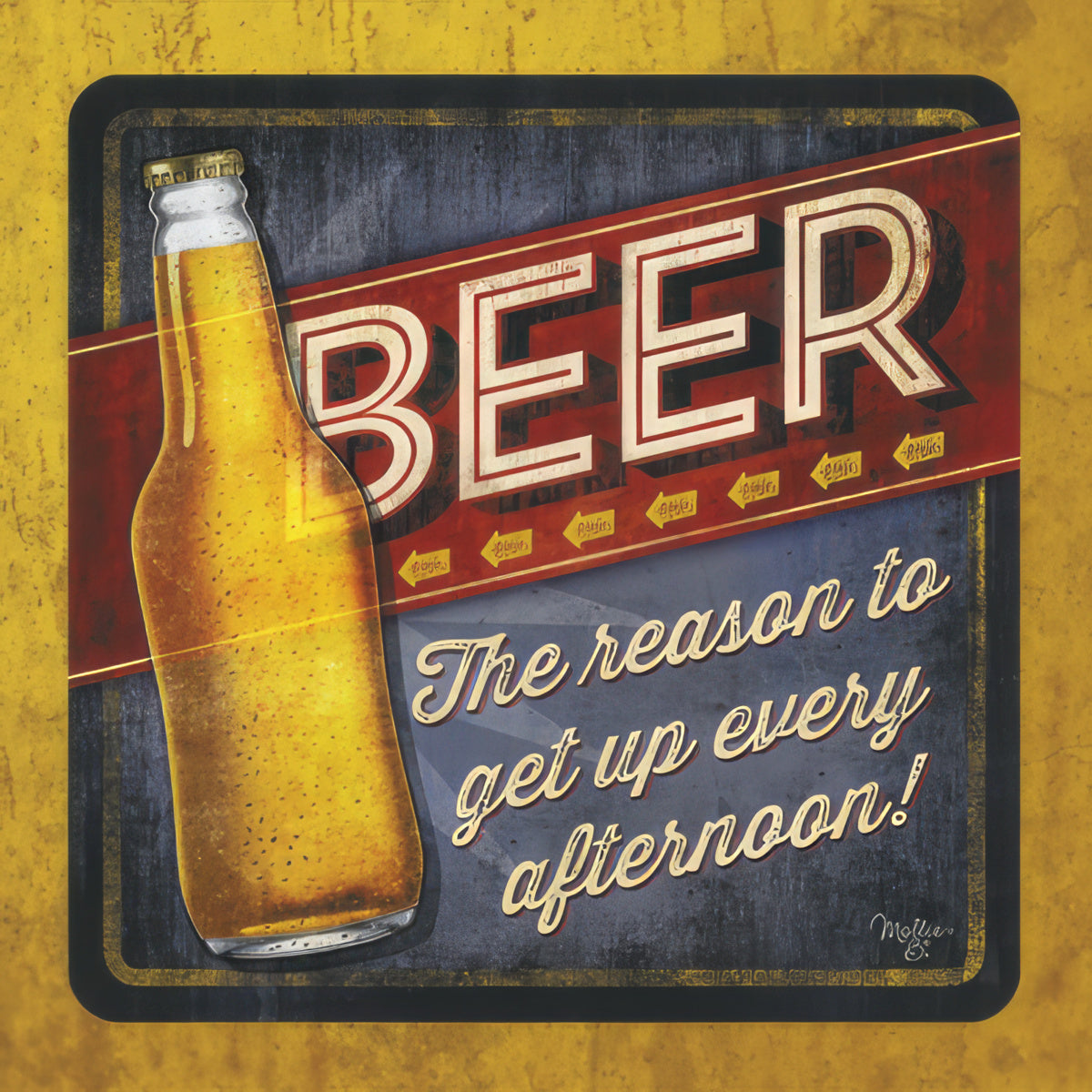 Vintage beer cocktail napkin featuring a frosted bottle, 'BEER' in bold letters, and the humorous quote 'The reason to get up every afternoon!' on a distressed black and yellow background.