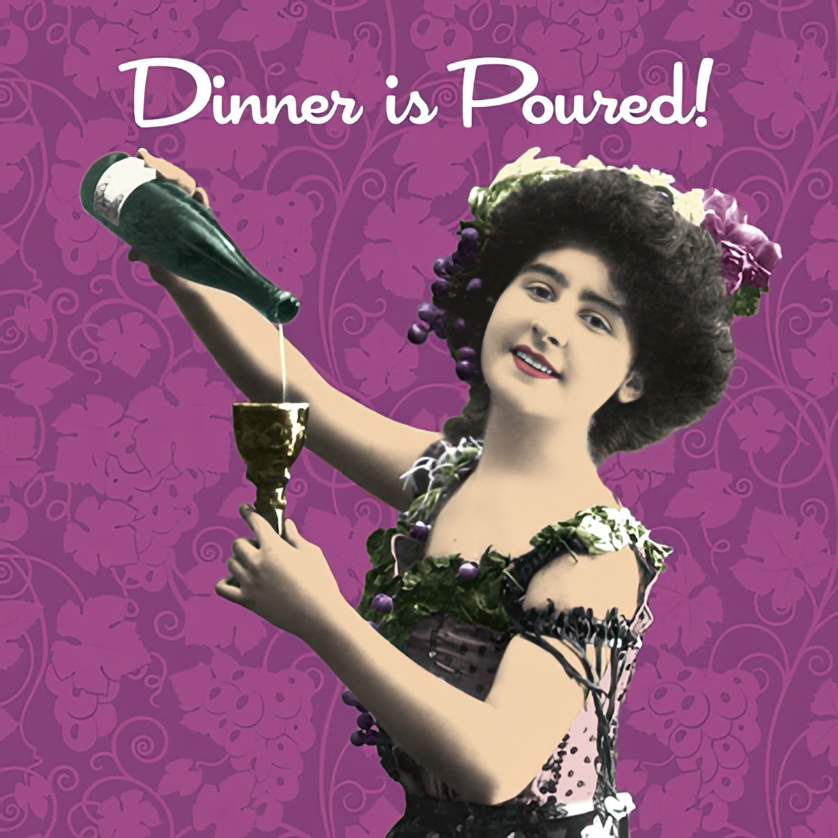 Vintage woman pouring drink into a goblet, 'Dinner is Poured!' text on purple floral cocktail napkin, perfect for parties.