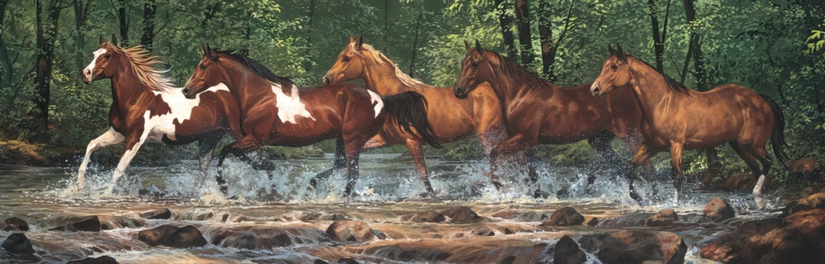 Horses running through river