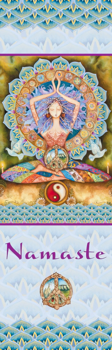 Namaste bookmark featuring a serene goddess in lotus pose within a mandala, with doves, candles, and Yin-Yang symbol. Artistic spiritual peace design.