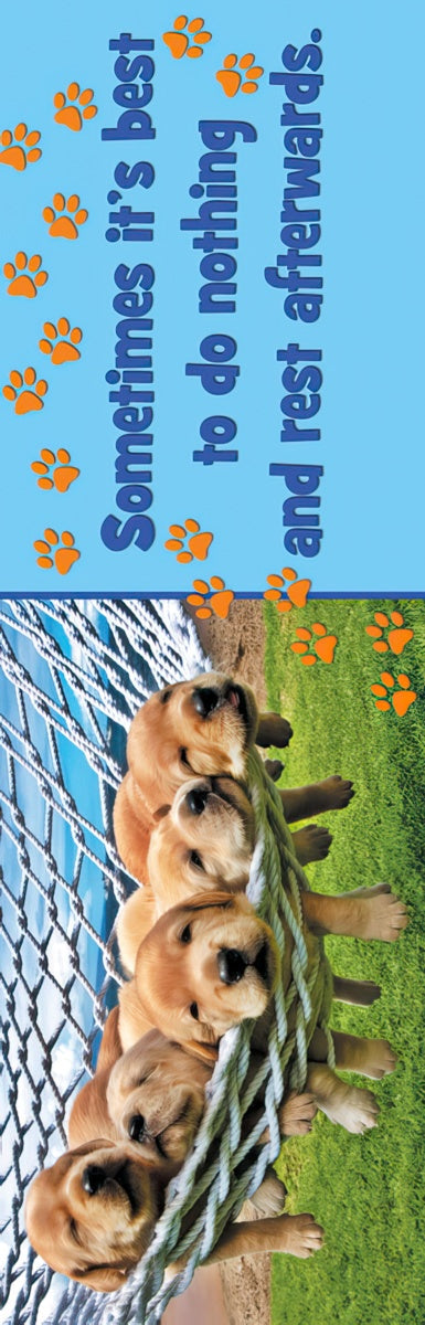 Adorable golden retriever puppies relaxing in a rope hammock with paw prints and the message 'Sometimes it's best to do nothing and rest afterwards.'