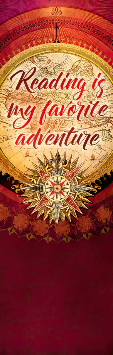Vintage map and compass bookmark with 'Reading is my favorite adventure' text, vibrant red and gold design.