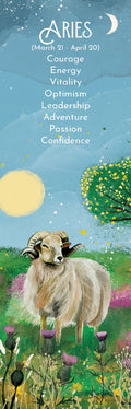 Aries zodiac bookmark, beautifully illustrated with a majestic ram standing in a lush green field dotted with purple thistles, set against a watercolor-style blue sky with stars and a crescent moon. The design also features a prominent golden sun-like sphere and green trees with yellow leaves. Text on the bookmark lists 'ARIES (March 21 - April 20)' and keywords like 'Courage, Energy, Vitality, Optimism, Leadership, Adventure, Passion, Confidence', making it a perfect astrological gift for readers.