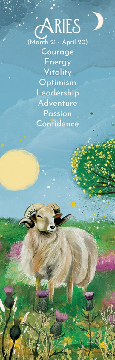 Aries zodiac bookmark, beautifully illustrated with a majestic ram standing in a lush green field dotted with purple thistles, set against a watercolor-style blue sky with stars and a crescent moon. The design also features a prominent golden sun-like sphere and green trees with yellow leaves. Text on the bookmark lists 'ARIES (March 21 - April 20)' and keywords like 'Courage, Energy, Vitality, Optimism, Leadership, Adventure, Passion, Confidence', making it a perfect astrological gift for readers.