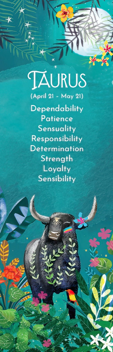 Taurus zodiac bookmark featuring a stylized bull, tropical foliage, celestial elements, and Taurus personality traits (Dependability, Patience, Sensuality, Responsibility, Determination, Strength, Loyalty, Sensibility) on a vibrant teal background. Ideal gift for astrology lovers and bookworms.