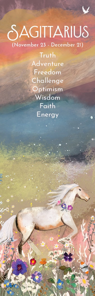 Sagittarius zodiac bookmark featuring a white horse galloping through a wildflower field under a gradient sunset to starry night sky. Text includes 'Sagittarius (November 23 - December 21)' and qualities like 'Truth, Adventure, Freedom, Optimism, Wisdom, Faith, Energy'. Ideal gift for astrology lovers.